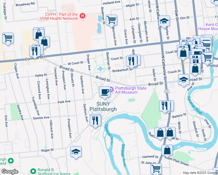 map of restaurants, bars, coffee shops, grocery stores, and more near 101 Broad Street in Plattsburgh