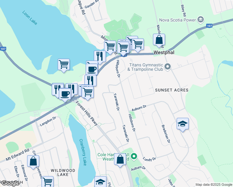 map of restaurants, bars, coffee shops, grocery stores, and more near 149 Taranaki Drive in Dartmouth