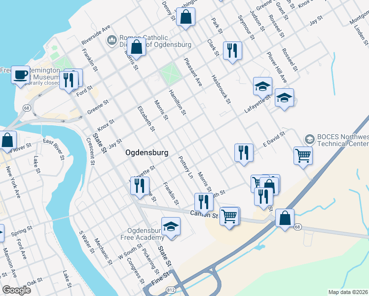 map of restaurants, bars, coffee shops, grocery stores, and more near Lafayette Street in Ogdensburg