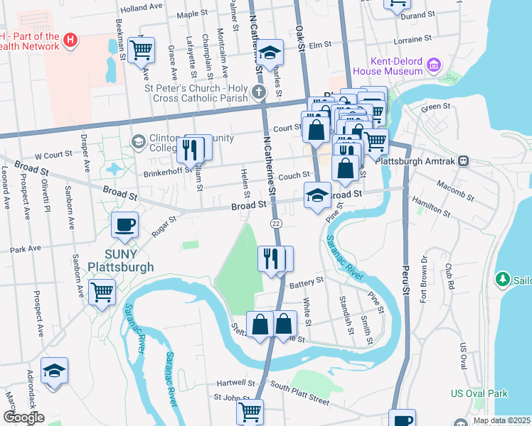 map of restaurants, bars, coffee shops, grocery stores, and more near 5089 South Catherine Street in Plattsburgh