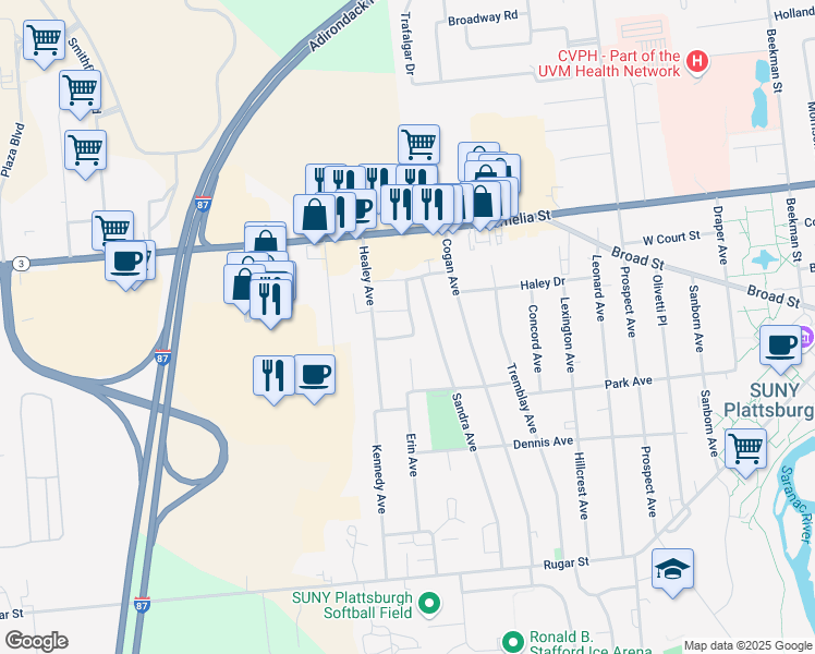 map of restaurants, bars, coffee shops, grocery stores, and more near 112 Park Avenue West in Plattsburgh