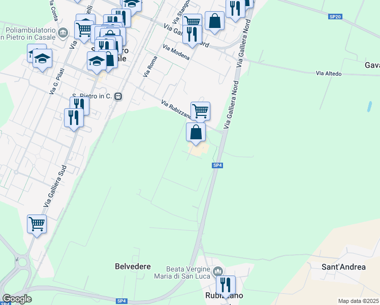 map of restaurants, bars, coffee shops, grocery stores, and more near 374 Via Ravenna in Città Metropolitana di Bologna