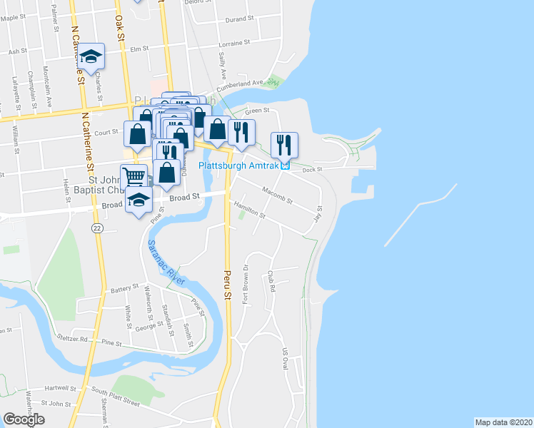 map of restaurants, bars, coffee shops, grocery stores, and more near 23 Hamilton Street in Plattsburgh