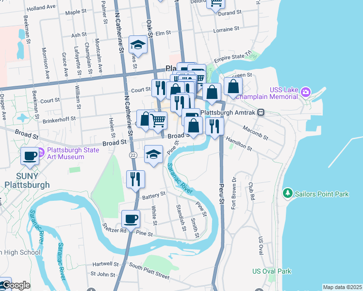 map of restaurants, bars, coffee shops, grocery stores, and more near 7 Pine Street in Plattsburgh