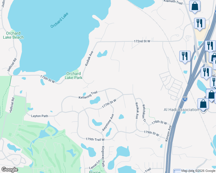 map of restaurants, bars, coffee shops, grocery stores, and more near 17640 Keystone Avenue in Lakeville