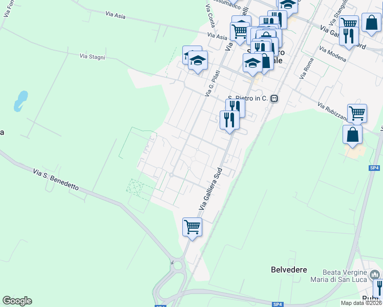 map of restaurants, bars, coffee shops, grocery stores, and more near 102 Via Sandro Pertini in San Pietro In Casale