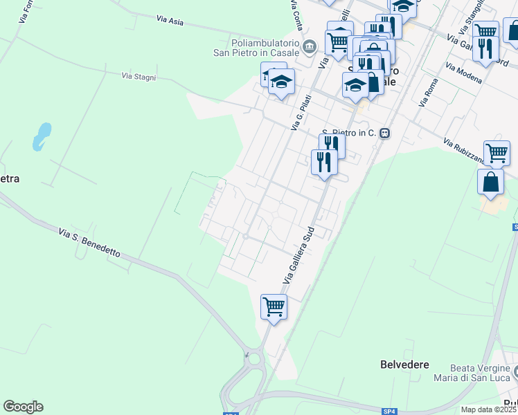 map of restaurants, bars, coffee shops, grocery stores, and more near 166 Via Generale Enrico Riziero Galvaligi in San Pietro In Casale