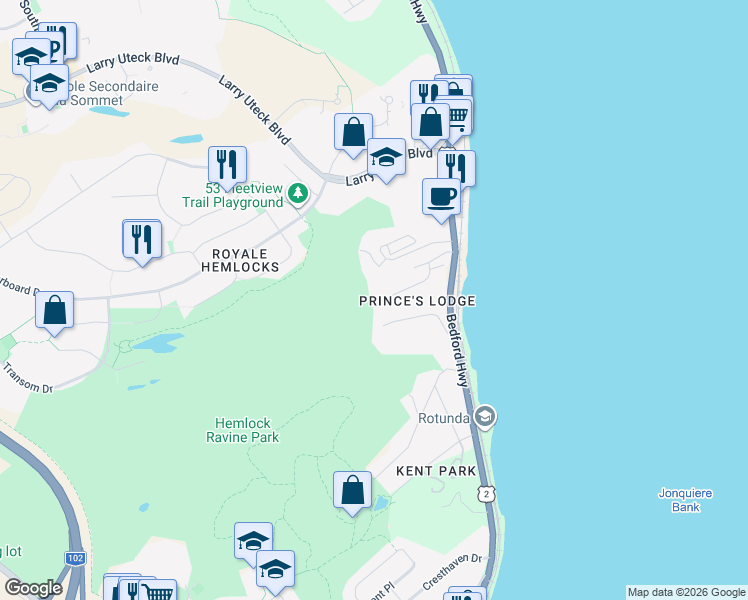 map of restaurants, bars, coffee shops, grocery stores, and more near 100 Shaunslieve Drive in Halifax