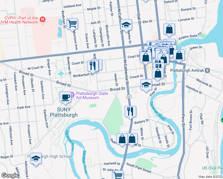 map of restaurants, bars, coffee shops, grocery stores, and more near 57 Broad Street in Plattsburgh