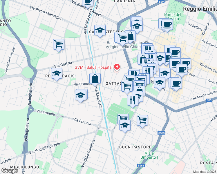 map of restaurants, bars, coffee shops, grocery stores, and more near 7-11 Via Curtatone in Reggio Emilia
