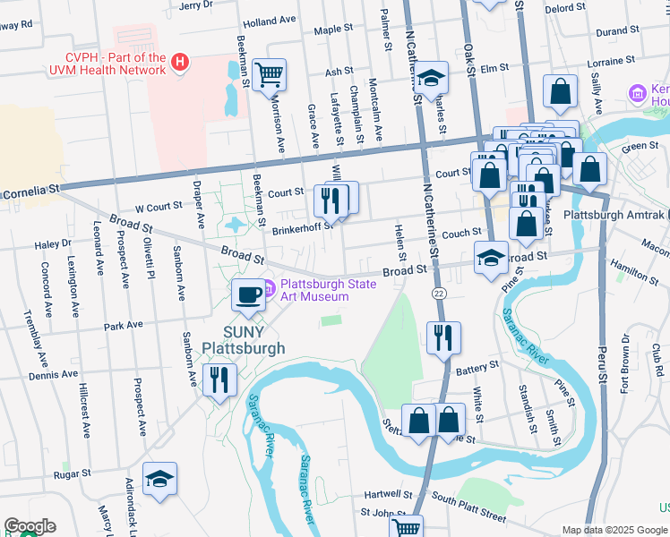 map of restaurants, bars, coffee shops, grocery stores, and more near 72 Broad Street in Plattsburgh