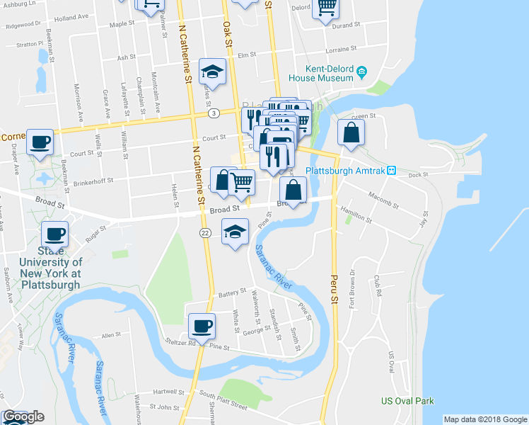 map of restaurants, bars, coffee shops, grocery stores, and more near 13 Broad Street in Plattsburgh