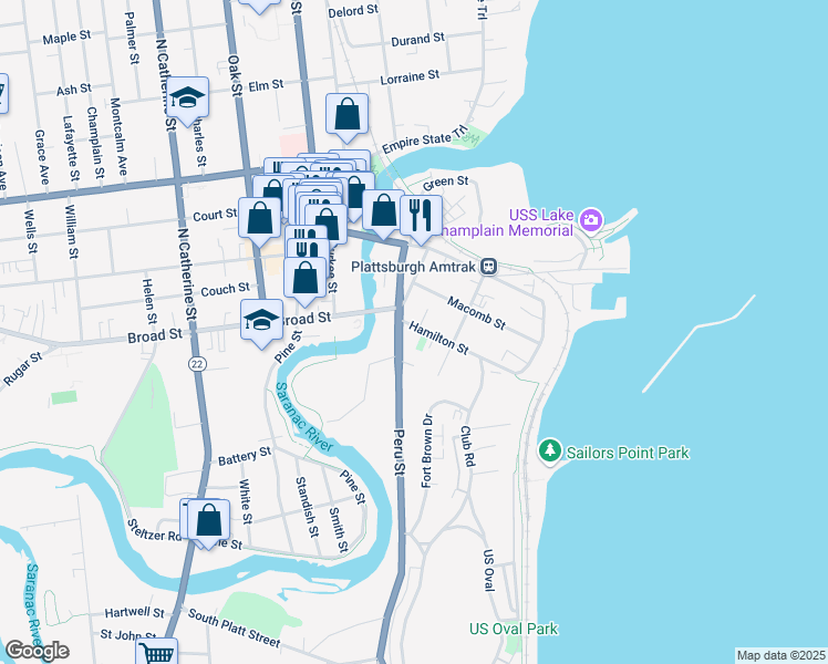 map of restaurants, bars, coffee shops, grocery stores, and more near 6 Hamilton Street in Plattsburgh