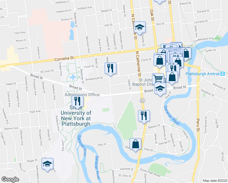 map of restaurants, bars, coffee shops, grocery stores, and more near 66 Broad Street in Plattsburgh