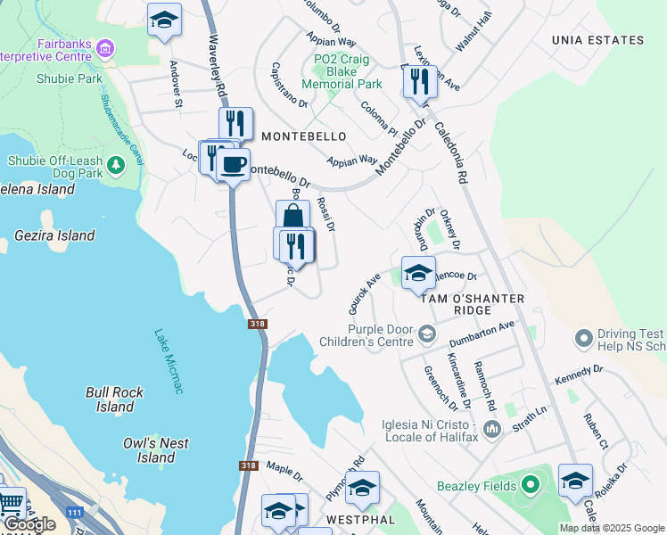 map of restaurants, bars, coffee shops, grocery stores, and more near 30 Rossi Drive in Dartmouth