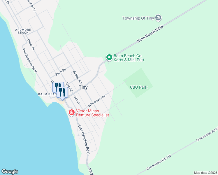 map of restaurants, bars, coffee shops, grocery stores, and more near 307 Balm Beach Road West in Simcoe County