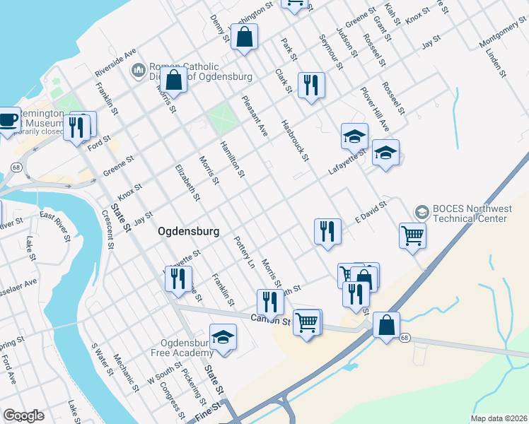 map of restaurants, bars, coffee shops, grocery stores, and more near Lafayette Street in Ogdensburg
