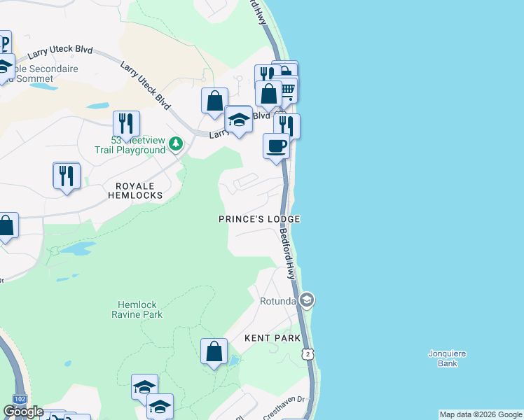 map of restaurants, bars, coffee shops, grocery stores, and more near 54 Shaunslieve Drive in Halifax
