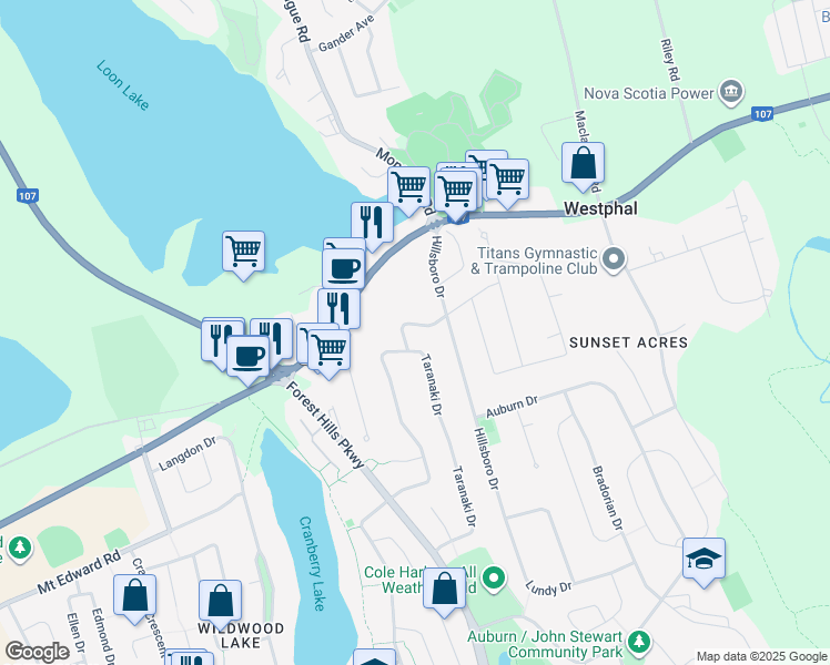 map of restaurants, bars, coffee shops, grocery stores, and more near 28 Karen Drive in Dartmouth