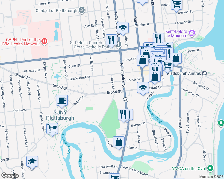 map of restaurants, bars, coffee shops, grocery stores, and more near 37 Couch Street in Plattsburgh