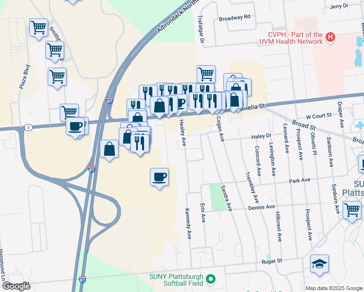 map of restaurants, bars, coffee shops, grocery stores, and more near 10 Healey Ave in Plattsburgh