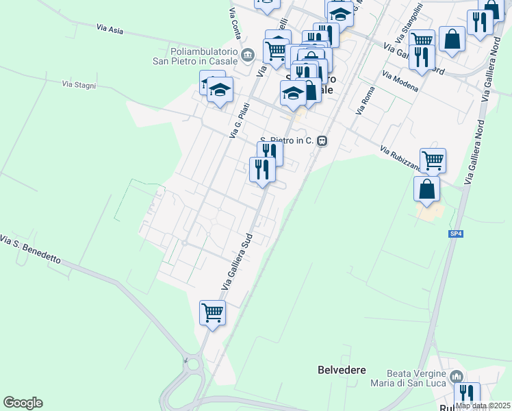 map of restaurants, bars, coffee shops, grocery stores, and more near 55 via Balilla Magli in San Pietro In Casale