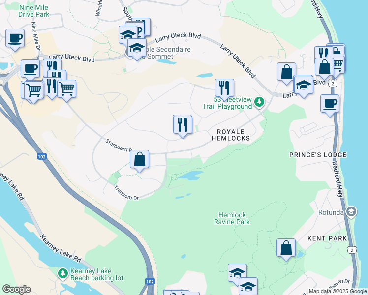 map of restaurants, bars, coffee shops, grocery stores, and more near 233 Starboard Drive in Halifax