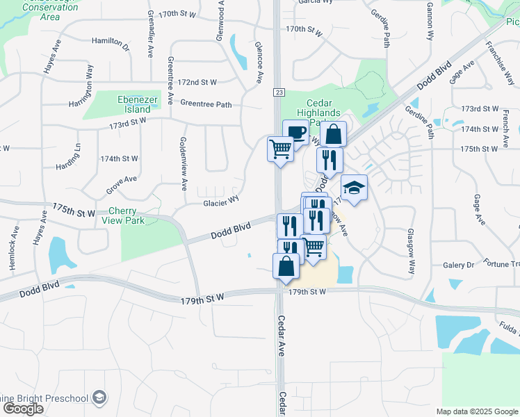 map of restaurants, bars, coffee shops, grocery stores, and more near 17400 Glacier Way in Lakeville