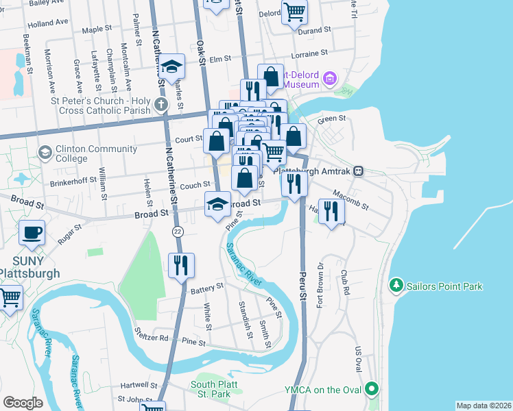 map of restaurants, bars, coffee shops, grocery stores, and more near 3 Broad Street in Plattsburgh