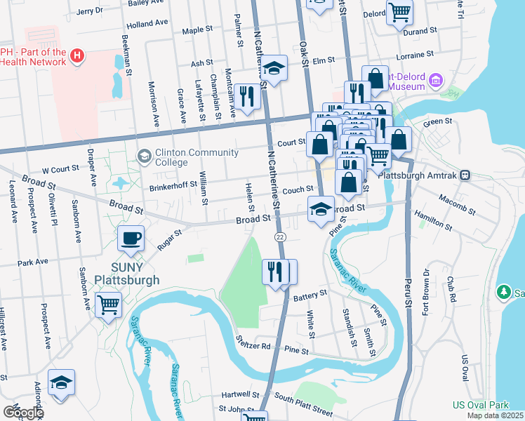map of restaurants, bars, coffee shops, grocery stores, and more near 46 Broad Street in Plattsburgh