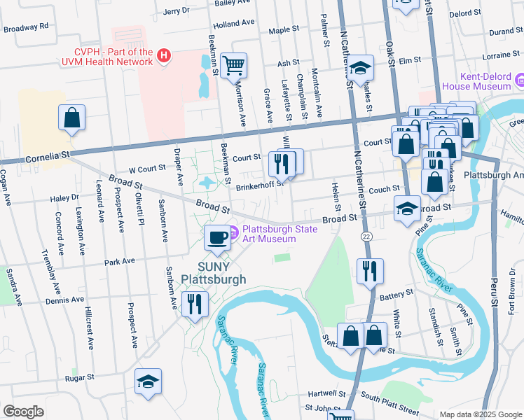 map of restaurants, bars, coffee shops, grocery stores, and more near 86 Broad Street in Plattsburgh