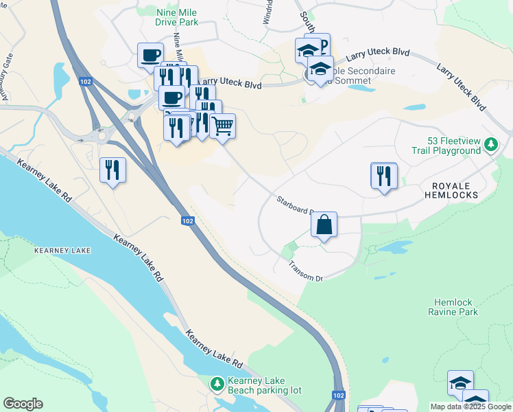 map of restaurants, bars, coffee shops, grocery stores, and more near 296 Transom Drive in Halifax