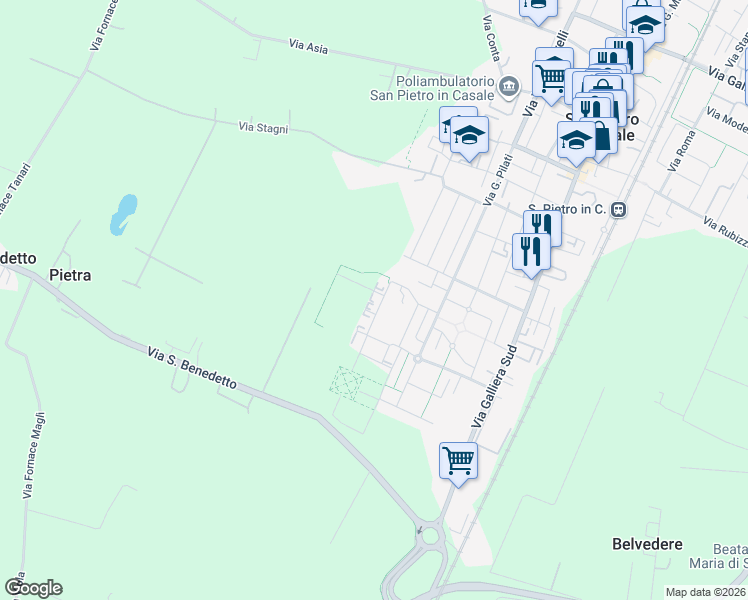 map of restaurants, bars, coffee shops, grocery stores, and more near 92 Via Carlo Alberto Dalla Chiesa in Città Metropolitana di Bologna