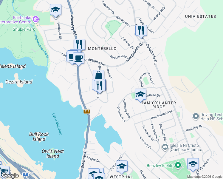map of restaurants, bars, coffee shops, grocery stores, and more near 30 Rossi Drive in Dartmouth