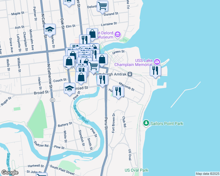 map of restaurants, bars, coffee shops, grocery stores, and more near 1 Hamilton Street in Plattsburgh