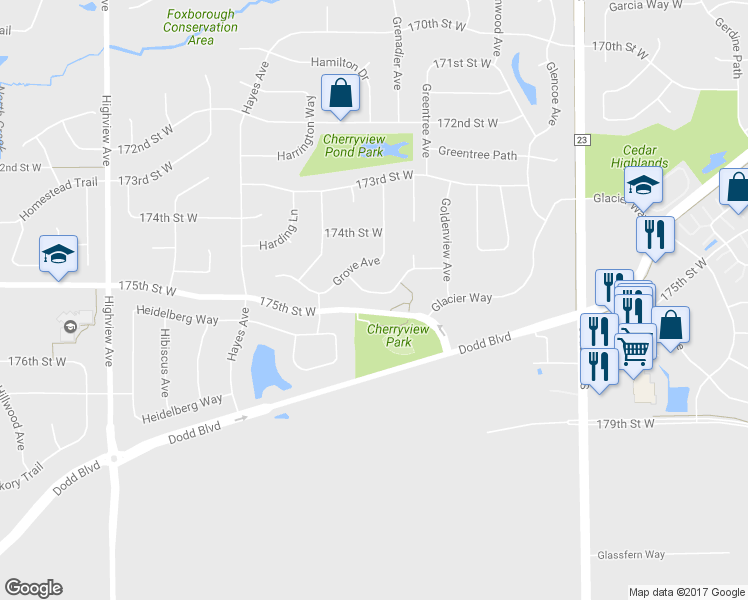 map of restaurants, bars, coffee shops, grocery stores, and more near 17480 Goodland Path in Lakeville