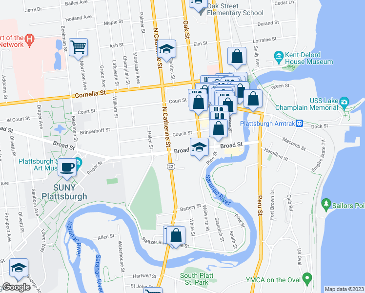map of restaurants, bars, coffee shops, grocery stores, and more near 32 Broad Street in Plattsburgh