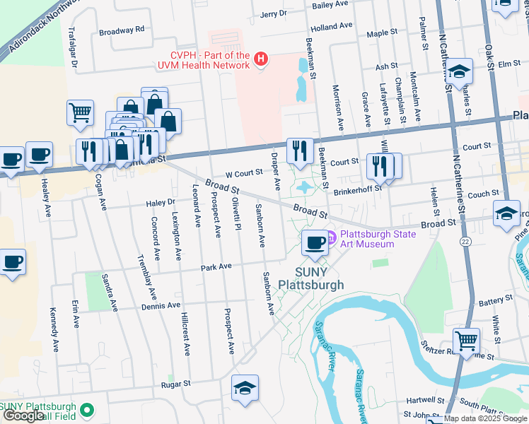 map of restaurants, bars, coffee shops, grocery stores, and more near 5 Sanborn Ave in Plattsburgh