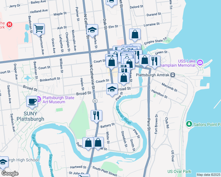 map of restaurants, bars, coffee shops, grocery stores, and more near 20 Broad Street in Plattsburgh