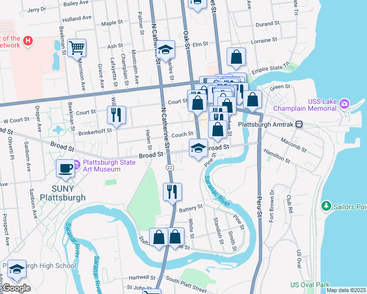 map of restaurants, bars, coffee shops, grocery stores, and more near 30 Broad Street in Plattsburgh