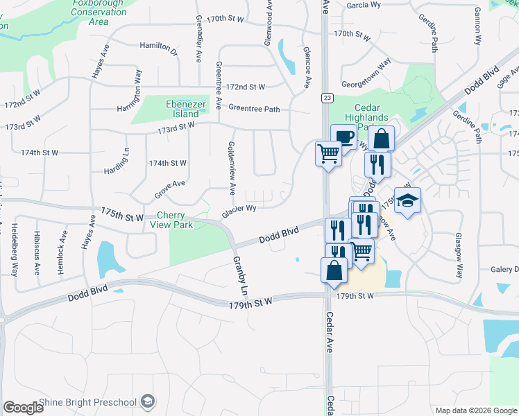 map of restaurants, bars, coffee shops, grocery stores, and more near 17373 Glacier Way in Rosemount