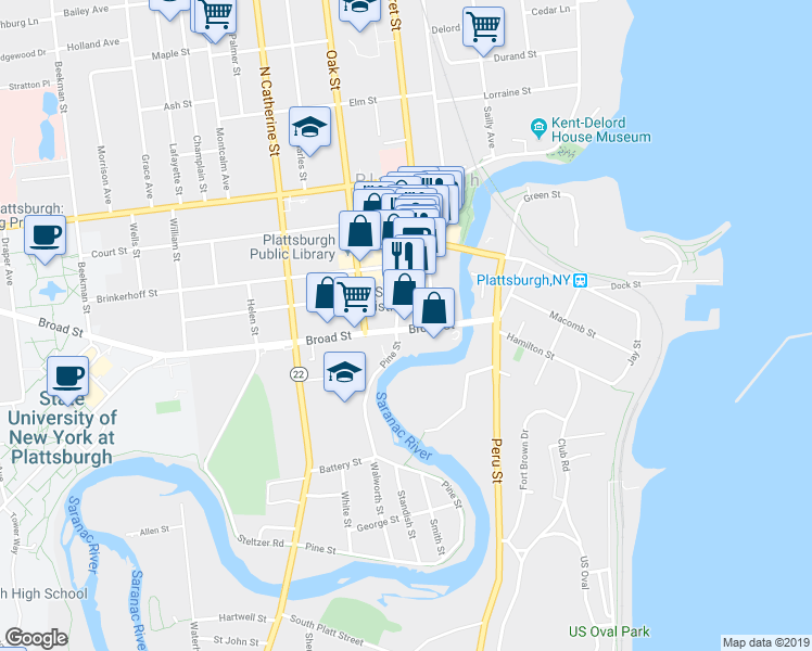 map of restaurants, bars, coffee shops, grocery stores, and more near 2 Margaret Street in Plattsburgh