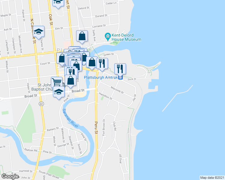 map of restaurants, bars, coffee shops, grocery stores, and more near 16 Macomb Street in Plattsburgh