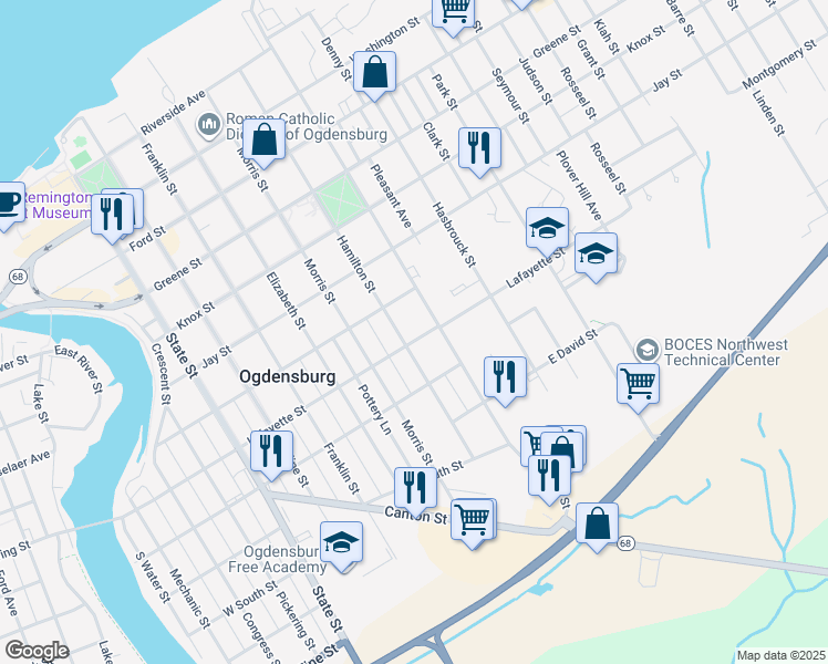 map of restaurants, bars, coffee shops, grocery stores, and more near 810 Lafayette St in Ogdensburg