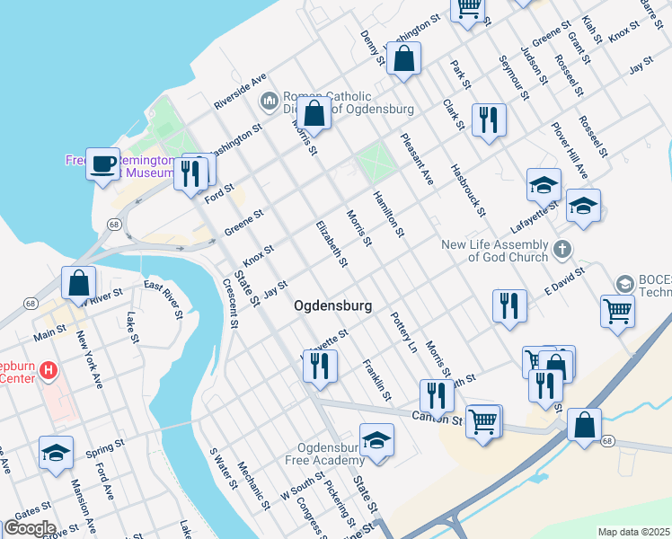 map of restaurants, bars, coffee shops, grocery stores, and more near 615 Elizabeth St in Ogdensburg