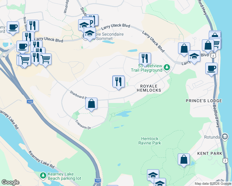 map of restaurants, bars, coffee shops, grocery stores, and more near 94 Cutter Drive in Halifax