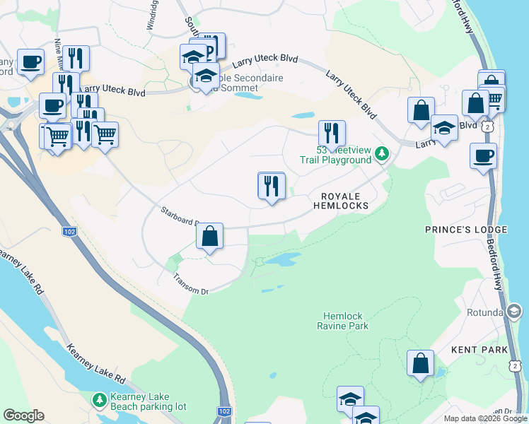 map of restaurants, bars, coffee shops, grocery stores, and more near 94 Cutter Drive in Halifax