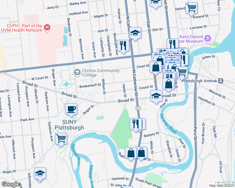map of restaurants, bars, coffee shops, grocery stores, and more near 43 Couch Street in Plattsburgh
