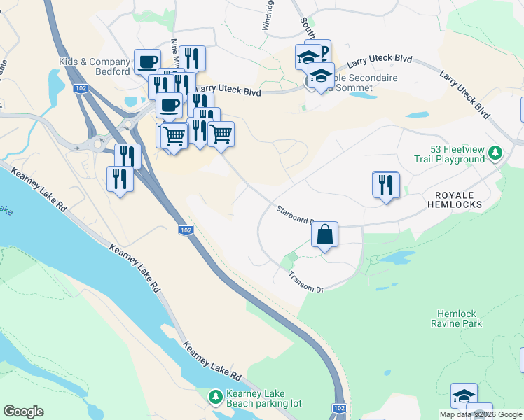 map of restaurants, bars, coffee shops, grocery stores, and more near 322 Transom Drive in Halifax