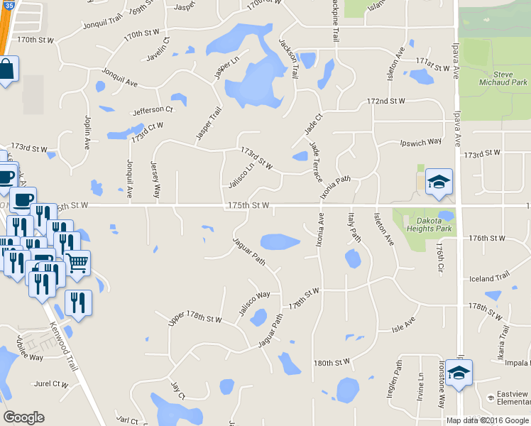 map of restaurants, bars, coffee shops, grocery stores, and more near 17515 Jacobite Court in Lakeville